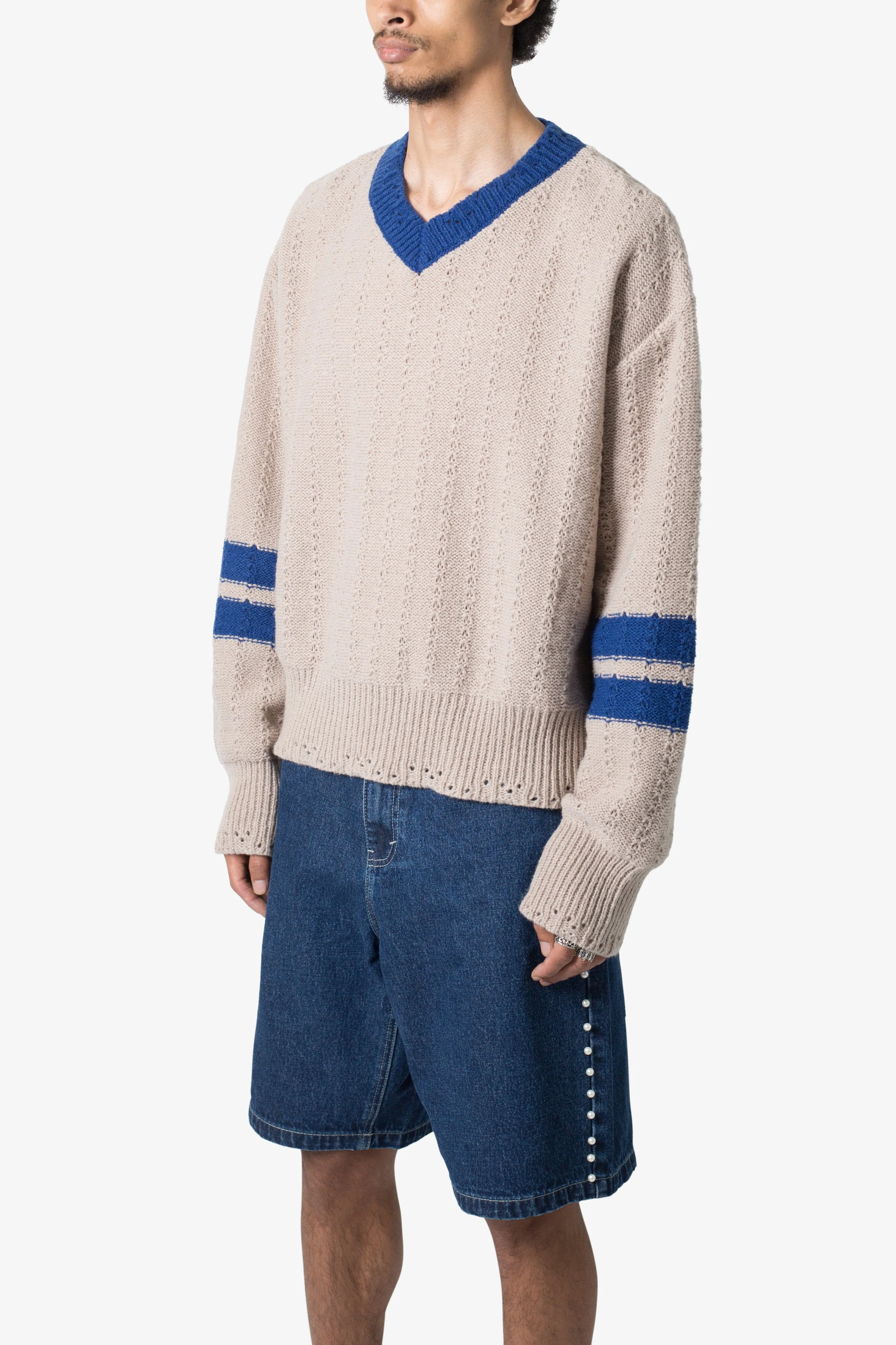 Varsity V Neck Sweater - Off White/Blue