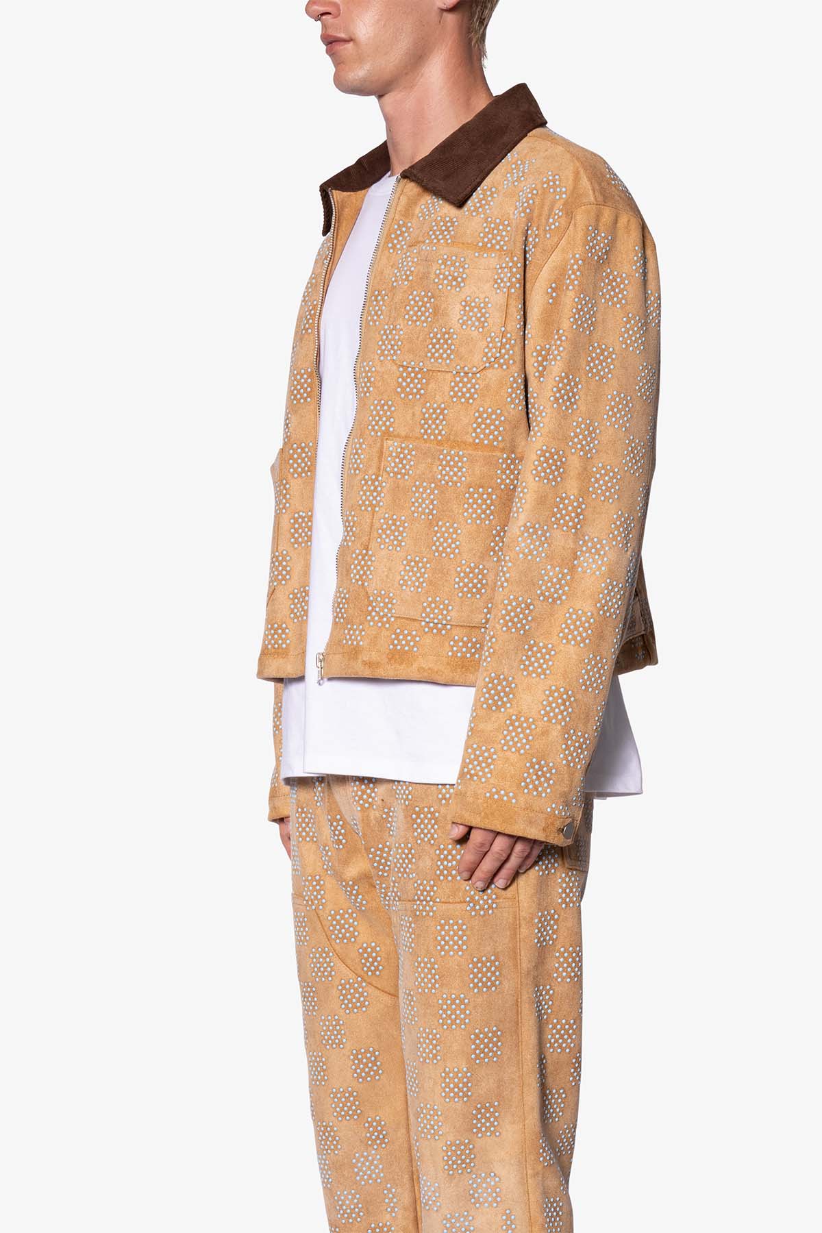 Turquoise Studded Checker Jacket - Tan