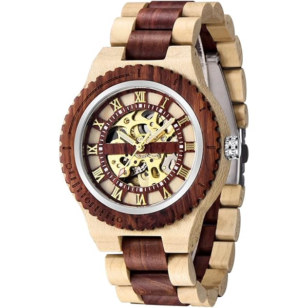 Men's Wooden Watch Triangle Skeleton Automatic Watch Mechanical Wood Watches for Men Brown&red