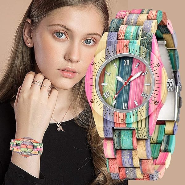 Womens Wooden Watch with All Wood Strap Analog Classic Design Colorful Bamboo Ladies Watches for Women, Couples Q1058