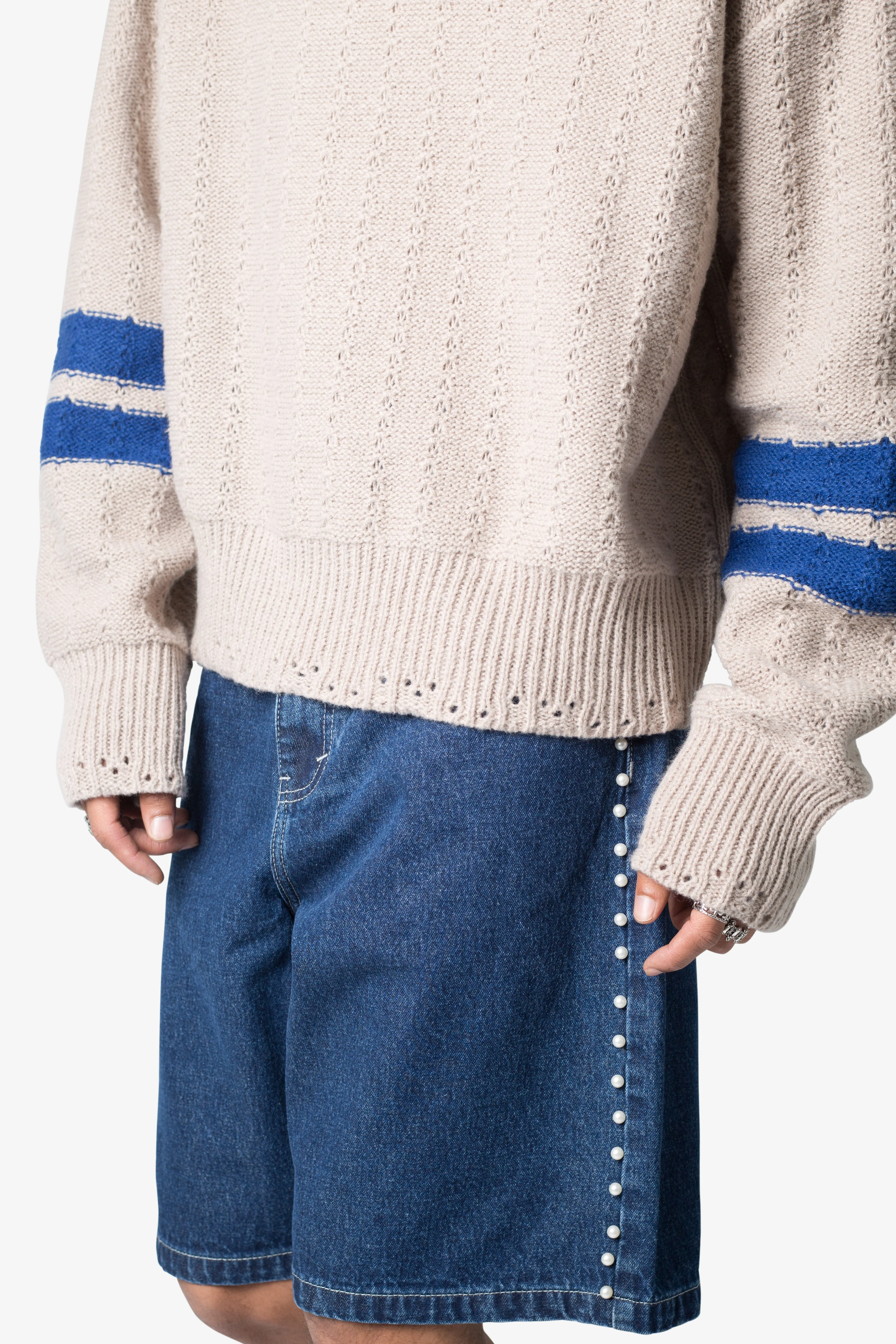 Varsity V Neck Sweater - Off White/Blue