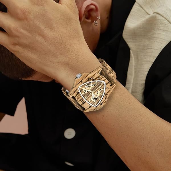 Men's Wooden Watch Triangle Skeleton Automatic Watch Mechanical Wood Watches for Men Tan