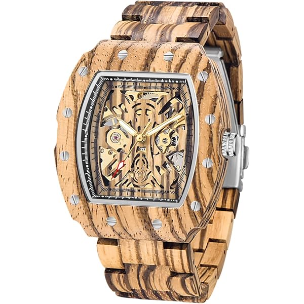 Men's Wooden Watch Triangle Skeleton Automatic Watch Mechanical Wood Watches for Men Brown&silver