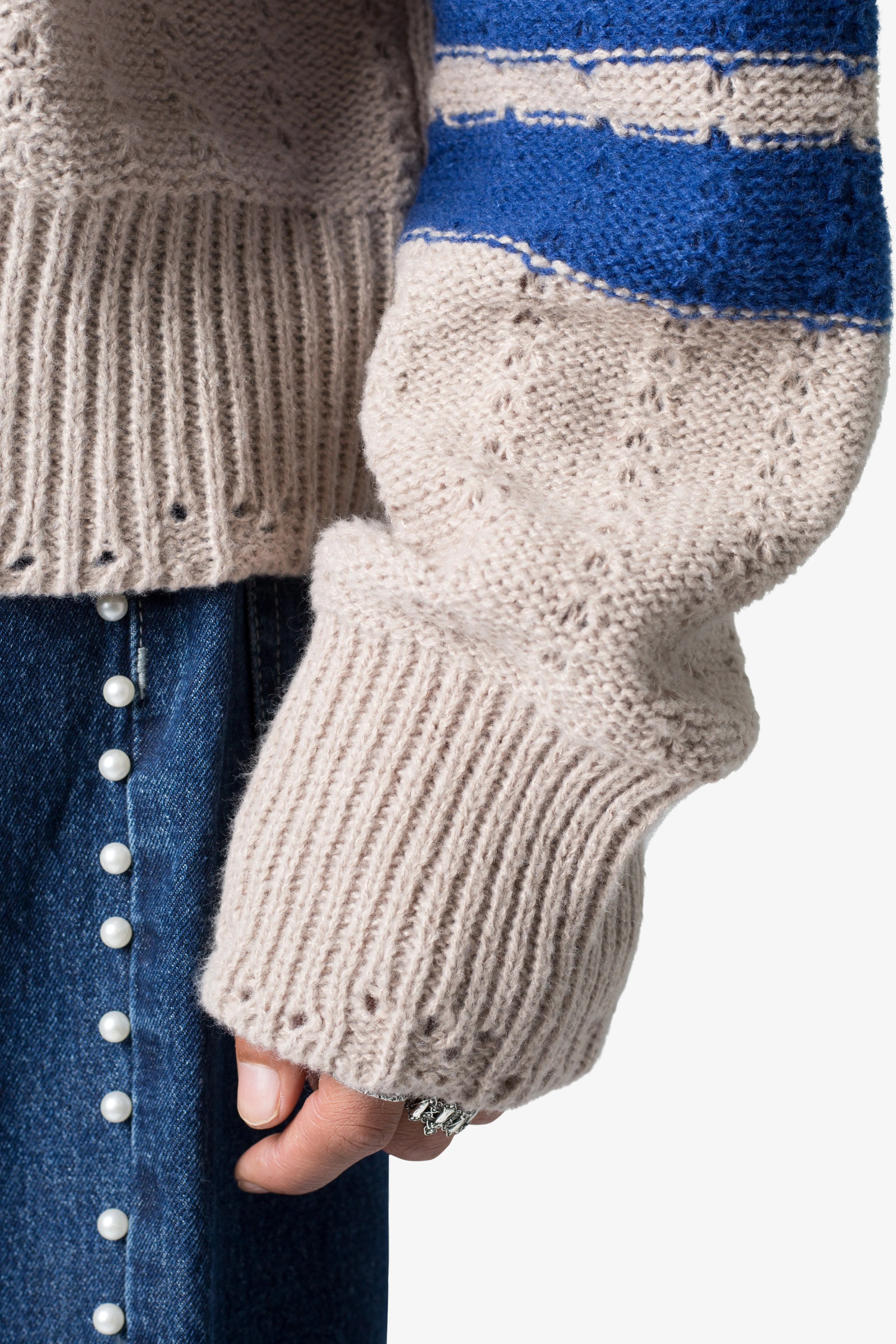 Varsity V Neck Sweater - Off White/Blue