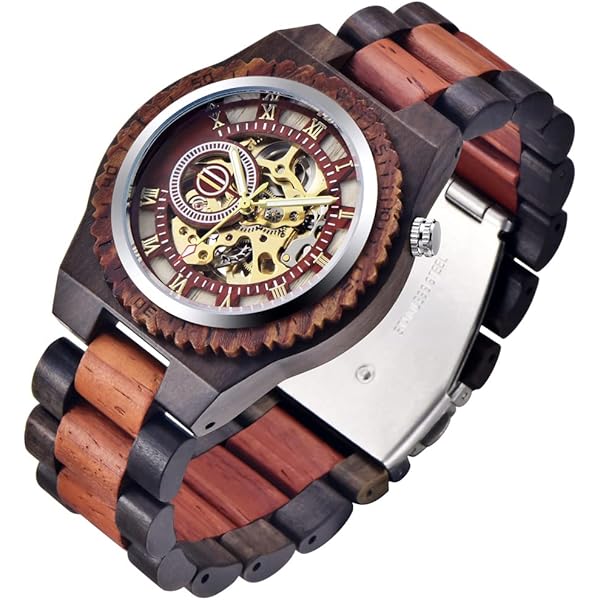 Men's Wooden Watch Triangle Skeleton Automatic Watch Mechanical Wood Watches for Men red&black