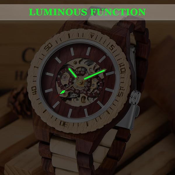No Battery Fashion Mechanical Wooden Watch for Men, Mechanical Movement Wooden Strap Men's Watch for Father's Day, Birthday M811-red white