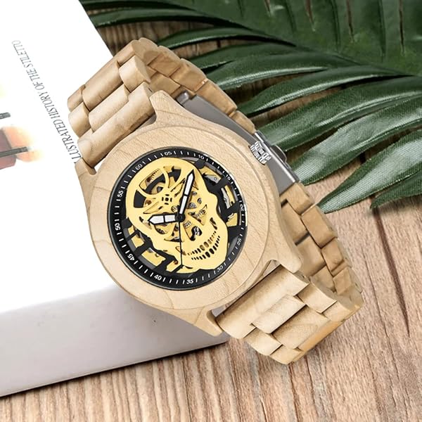 No Battery Fashion Mechanical Wooden Watch for Men, Mechanical Movement Wooden Strap Men's Watch for Father's Day, Birthday W001-Brown