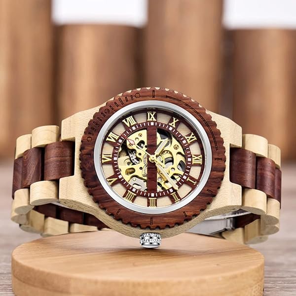Men's Wooden Watch Triangle Skeleton Automatic Watch Mechanical Wood Watches for Men Brown&red