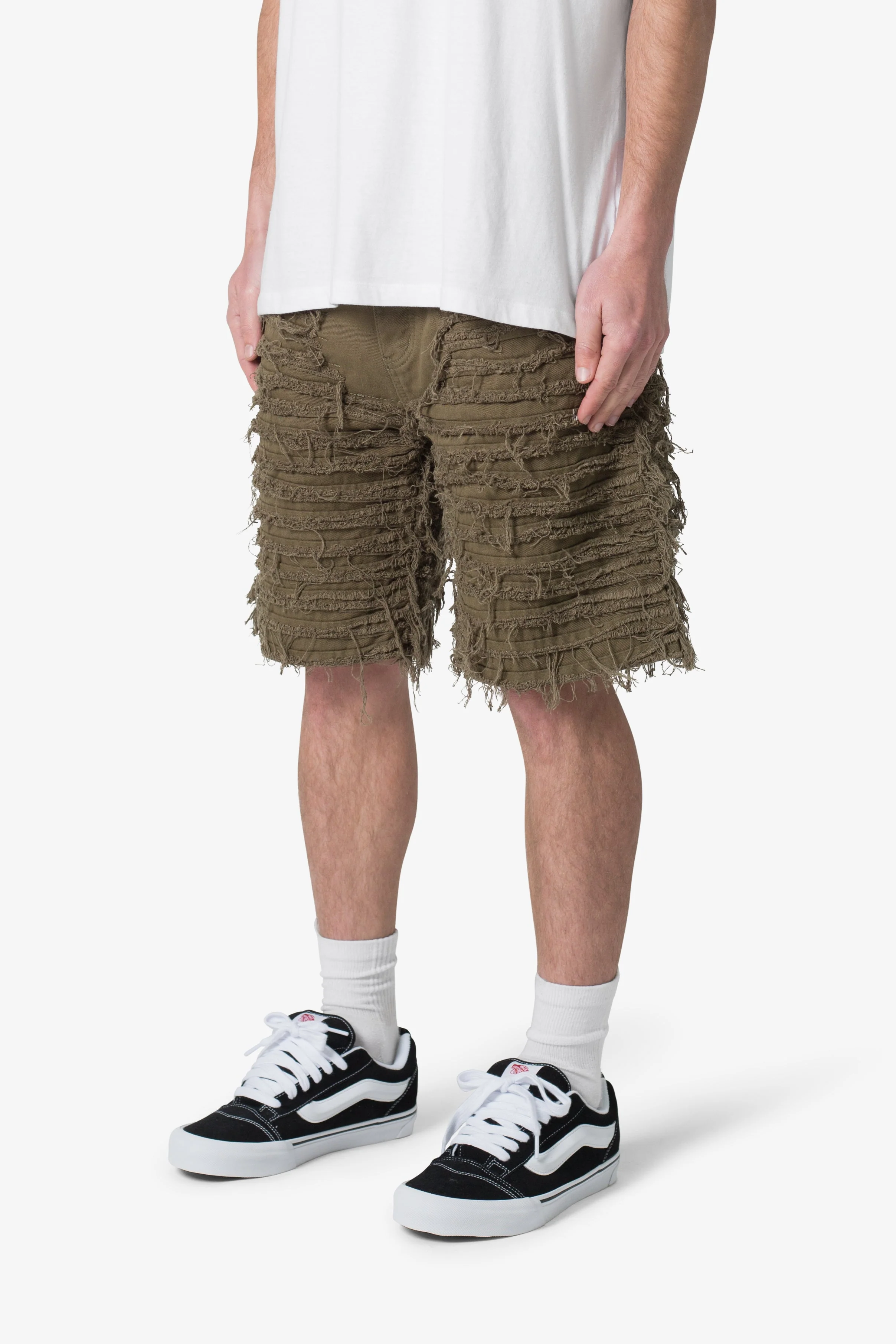 Allover Frayed Denim Shorts - Olive