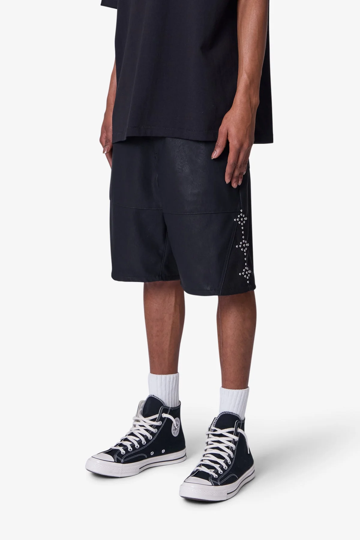 Ultra Baggy Leather Studded Shorts - Black