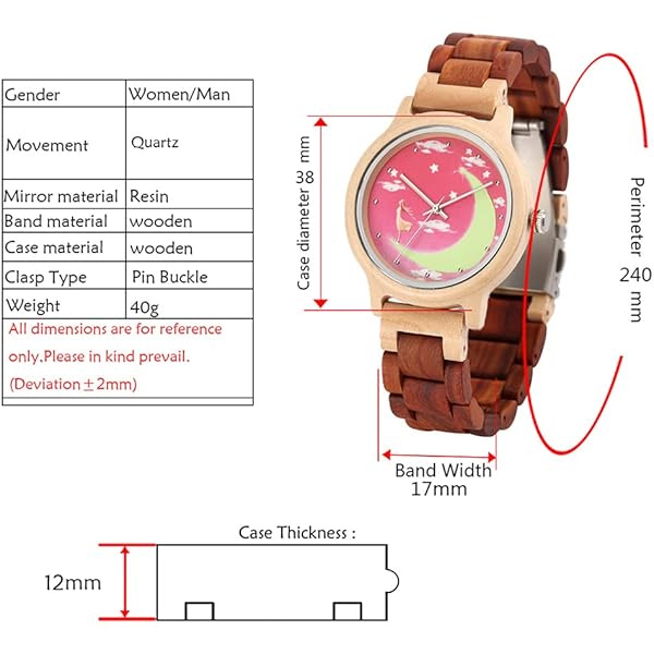Womens Wooden Watch with All Wood Strap Analog Classic Design Colorful Bamboo Ladies Watches for Women, Couples WD1223-Red