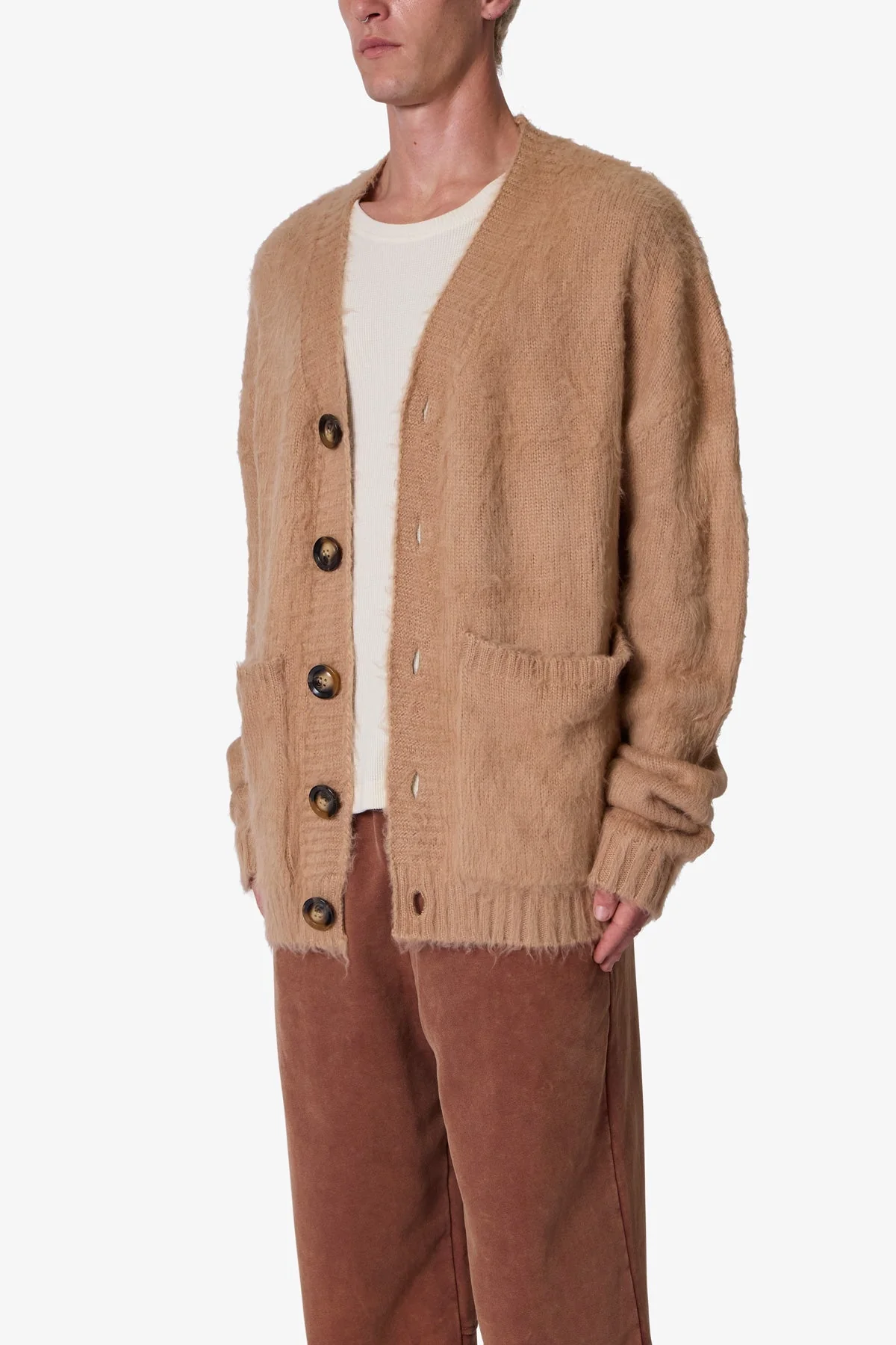 Elongated Fuzzy Cardigan Sweater - Brown
