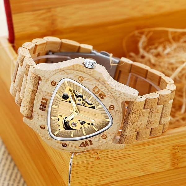 Men's Wooden Watch Triangle Skeleton Automatic Watch Mechanical Wood Watches for Men browm&yellow