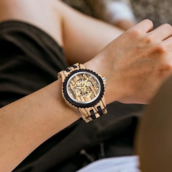 Men's Wooden Watch Triangle Skeleton Automatic Watch Mechanical Wood Watches for Men Tan&black