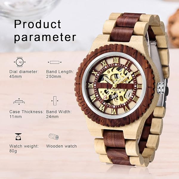 Men's Wooden Watch Triangle Skeleton Automatic Watch Mechanical Wood Watches for Men Brown&red