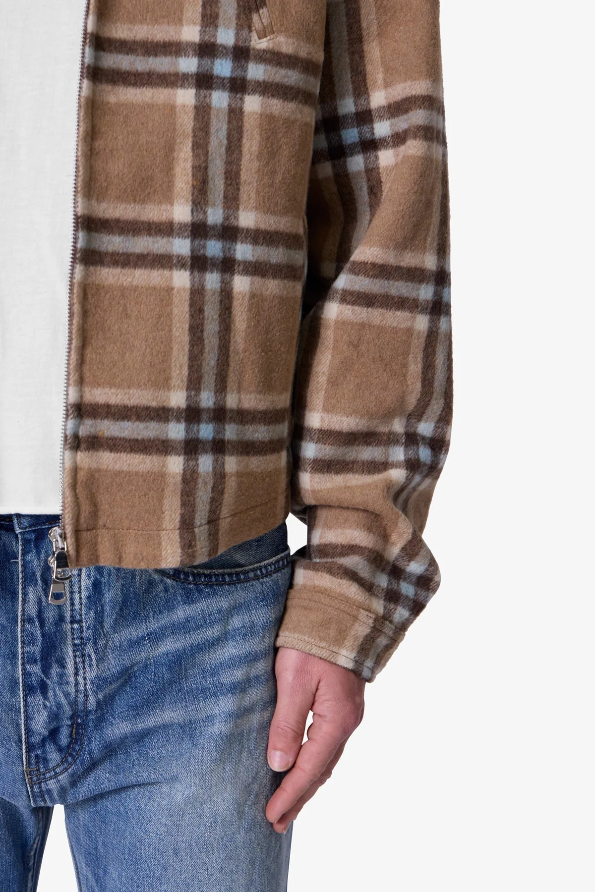 Plaid Flannel Front Zip Jacket - Brown/Cream