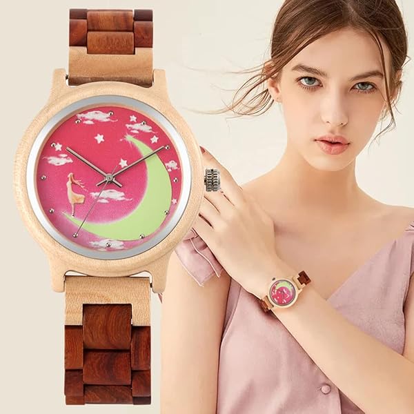 Womens Wooden Watch with All Wood Strap Analog Classic Design Colorful Bamboo Ladies Watches for Women, Couples WD1223-Red