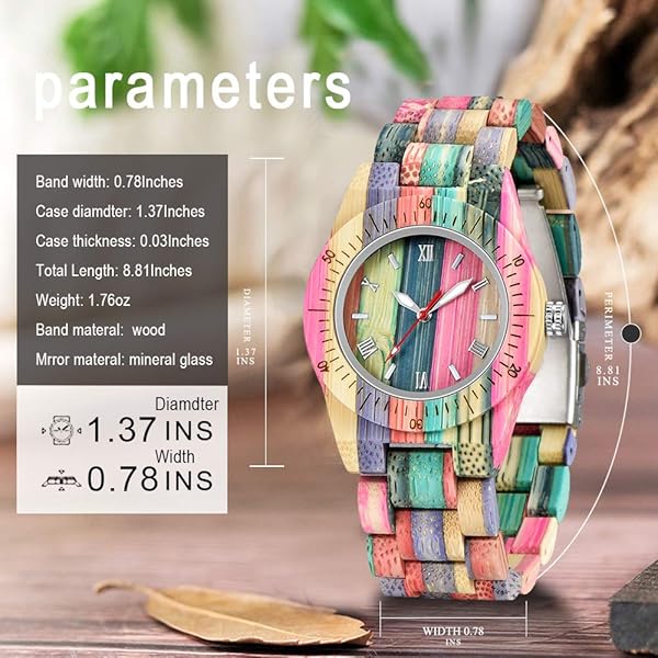 Womens Wooden Watch with All Wood Strap Analog Classic Design Colorful Bamboo Ladies Watches for Women, Couples Q1058