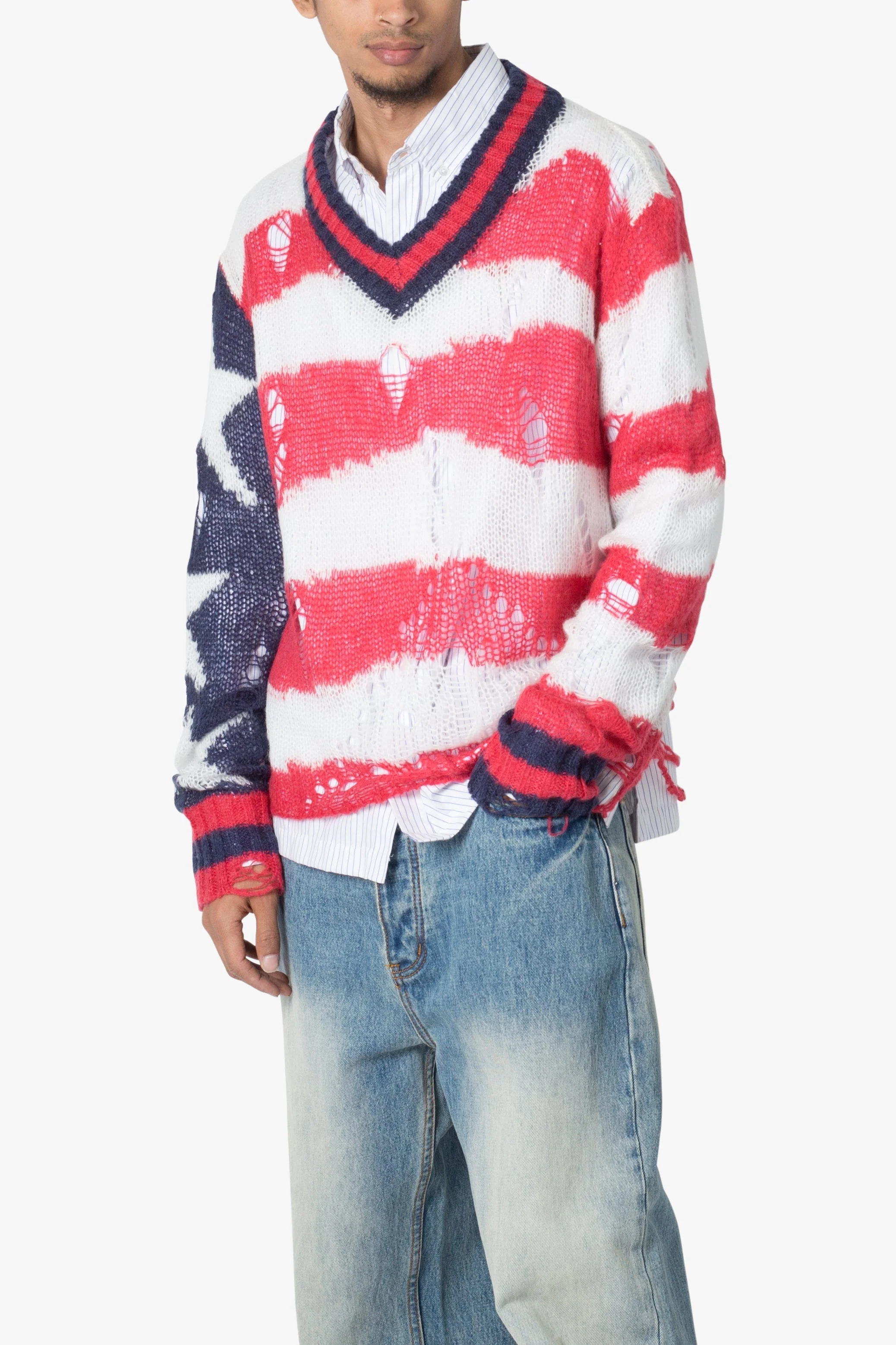 Flag Loose Knitted Sweater - Red/Blue