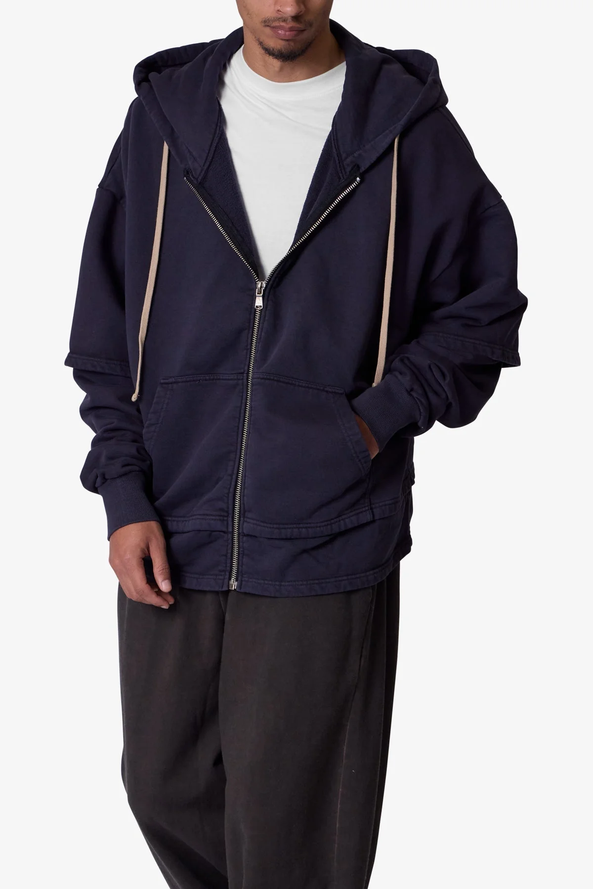 Double Layer Zipper Sweater - Washed Black