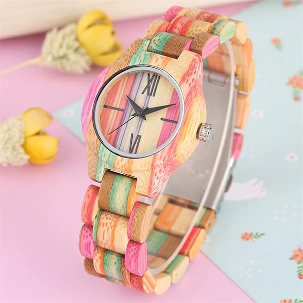 Womens Wooden Watch with All Wood Strap Analog Classic Design Colorful Bamboo Ladies Watches for Women, Couples Q1095-US