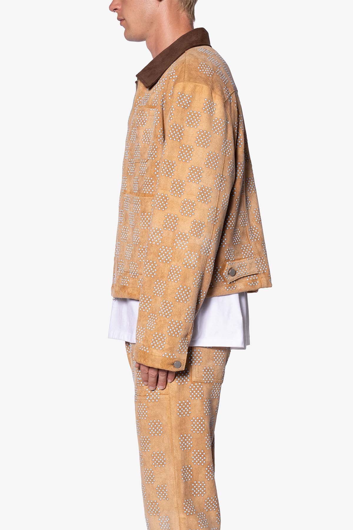 Turquoise Studded Checker Jacket - Tan