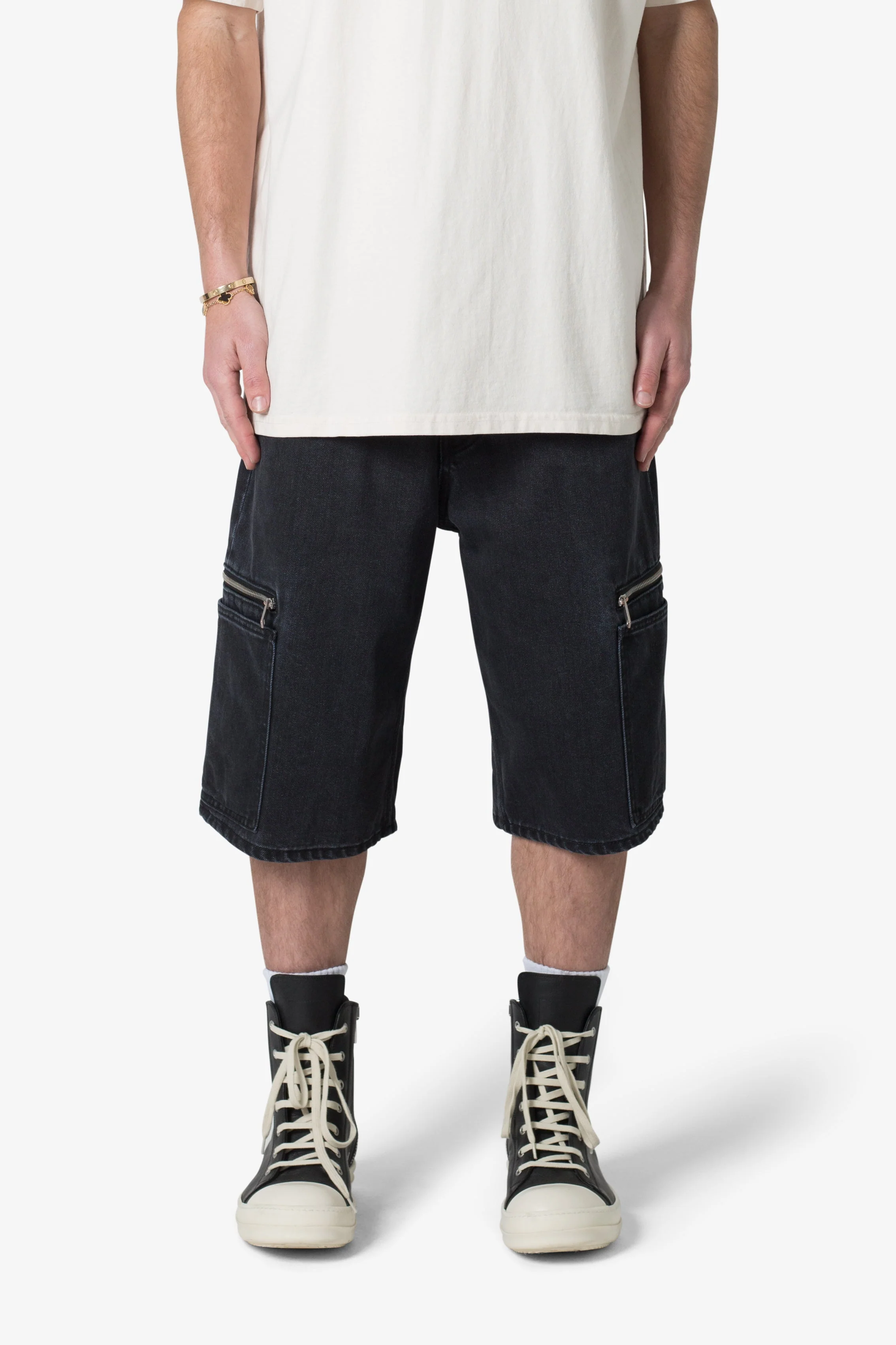 Zipper Baggy Denim Shorts - Black