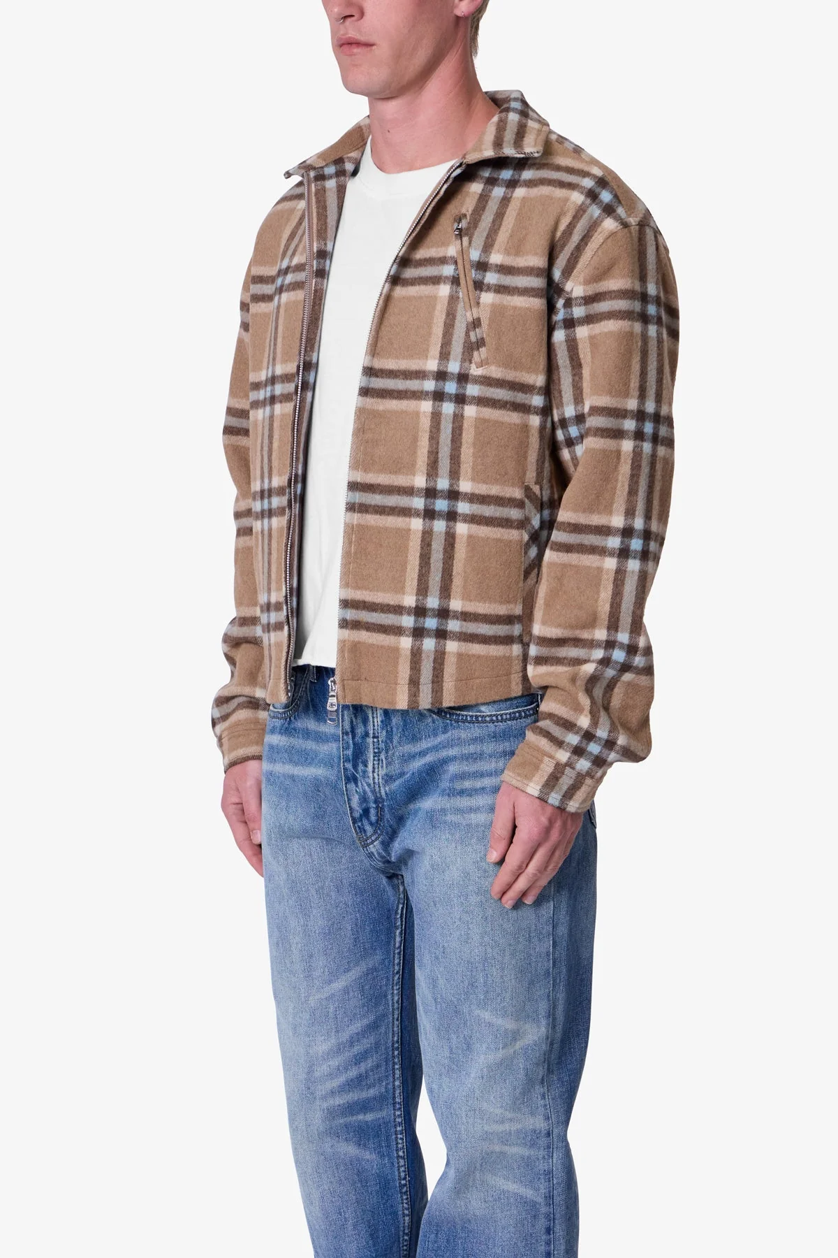 Plaid Flannel Front Zip Jacket - Brown/Cream