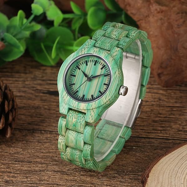 Womens Wooden Watch with All Wood Strap Analog Classic Design Colorful Bamboo Ladies Watches for Women, Couples Q1059-green