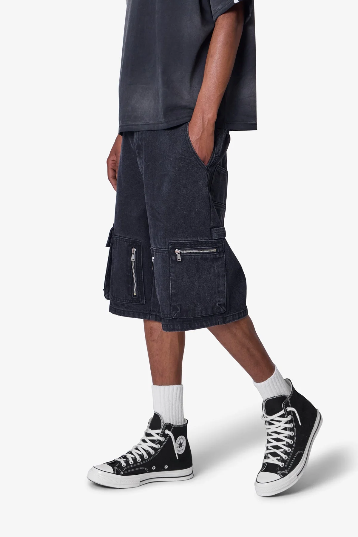 Baggy Zipper Denim Shorts - Black