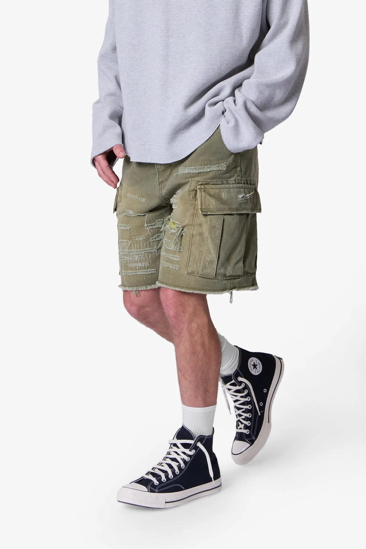 Distressed Cargo Shorts - Olive