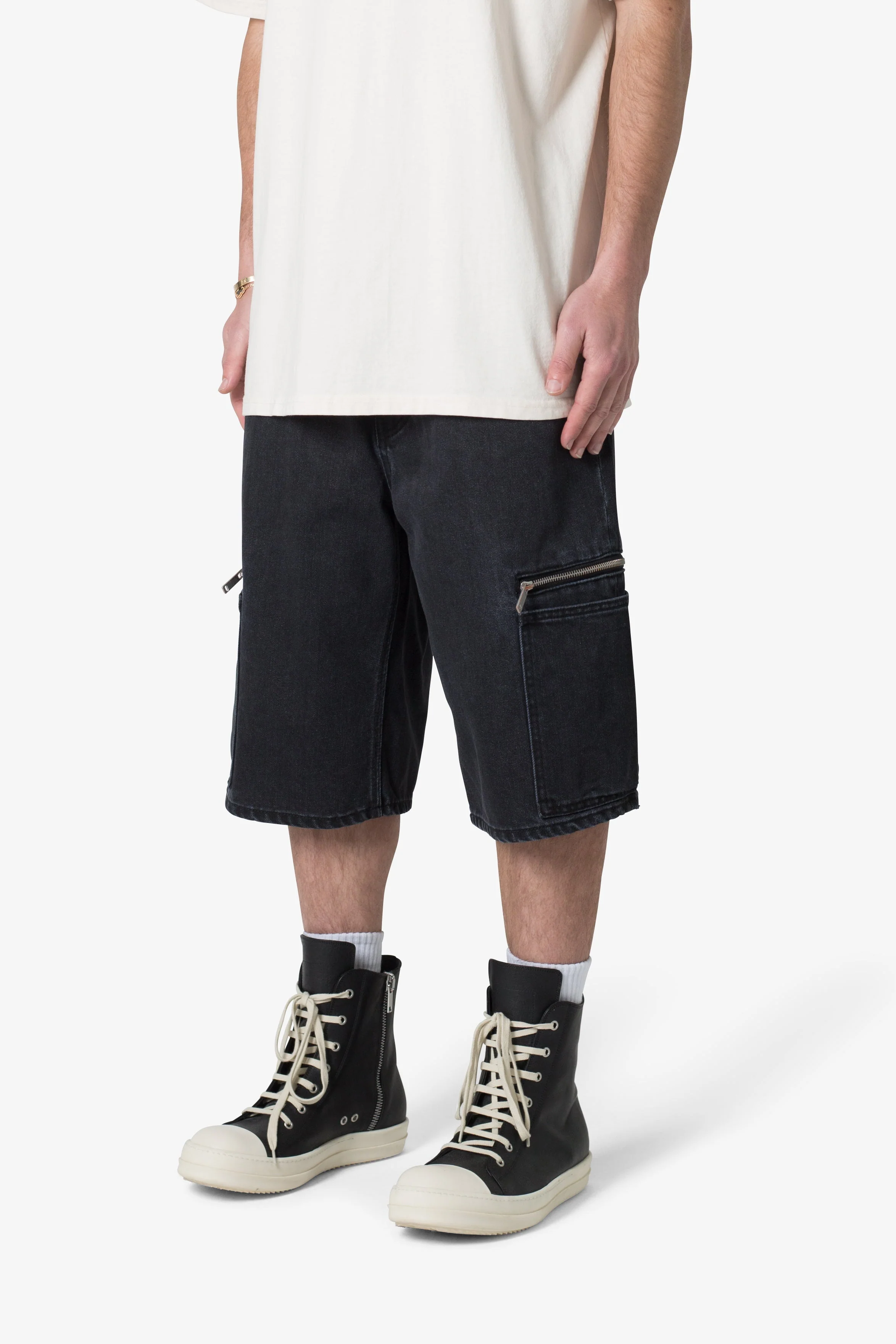 Zipper Baggy Denim Shorts - Black
