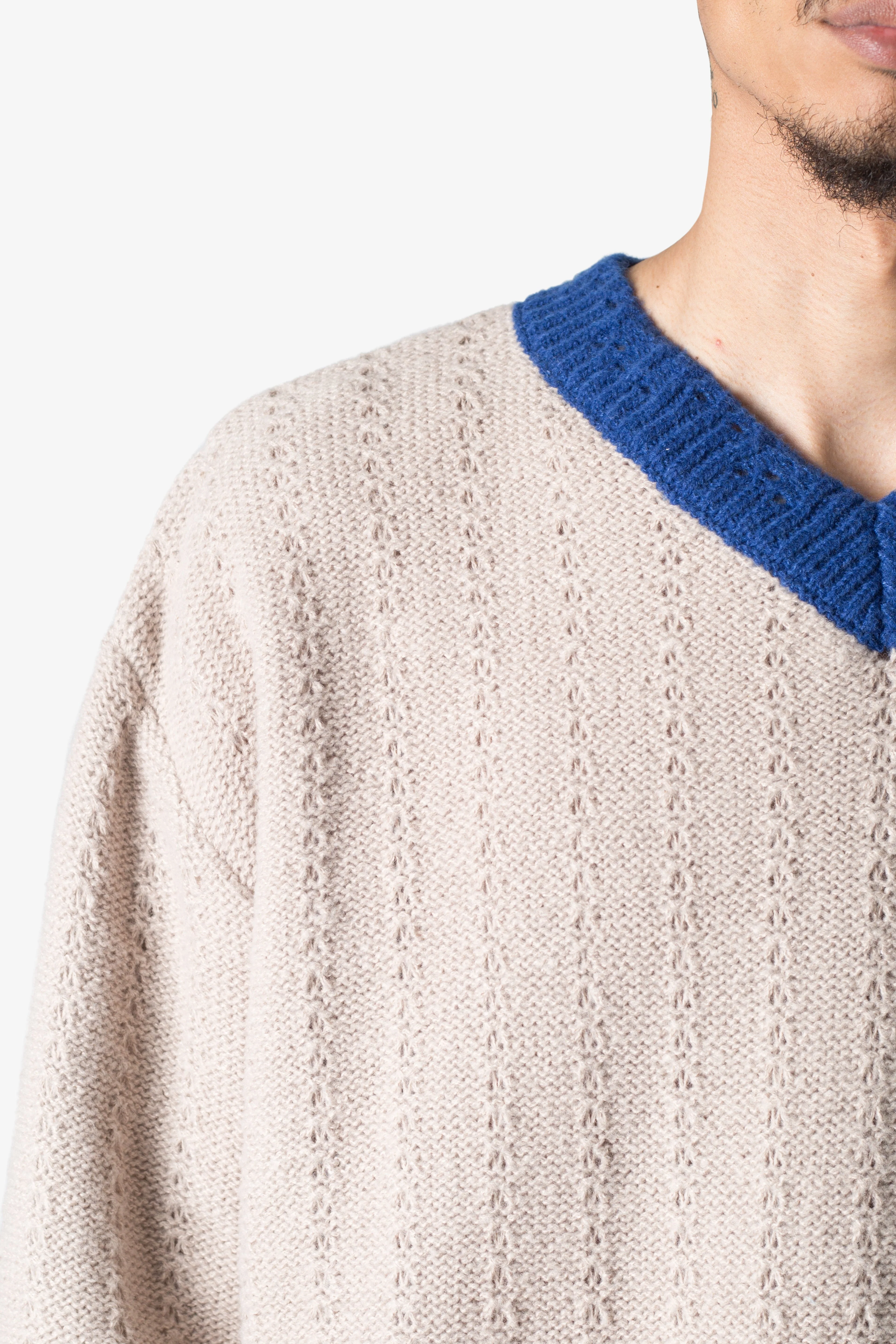 Varsity V Neck Sweater - Off White/Blue