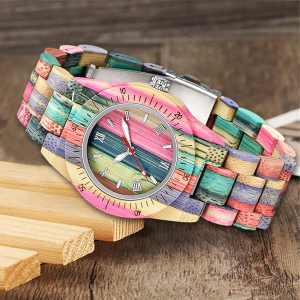 Womens Wooden Watch with All Wood Strap Analog Classic Design Colorful Bamboo Ladies Watches for Women, Couples Q1058