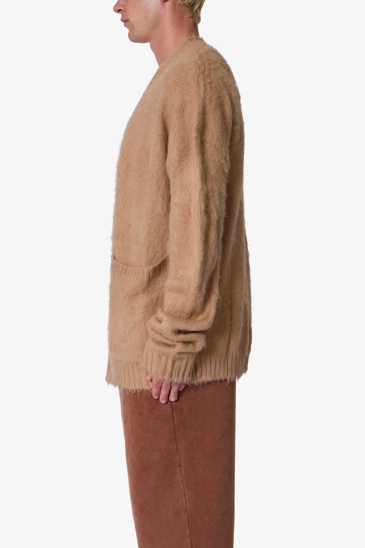 Elongated Fuzzy Cardigan Sweater - Brown