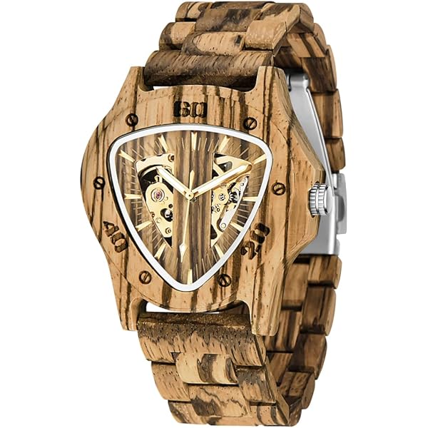 Men's Wooden Watch Triangle Skeleton Automatic Watch Mechanical Wood Watches for Men Tan