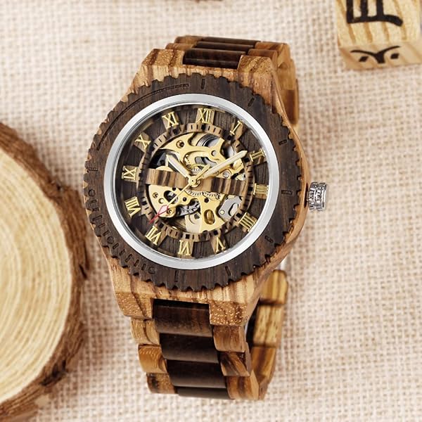 Men's Wooden Watch Triangle Skeleton Automatic Watch Mechanical Wood Watches for Men Brown