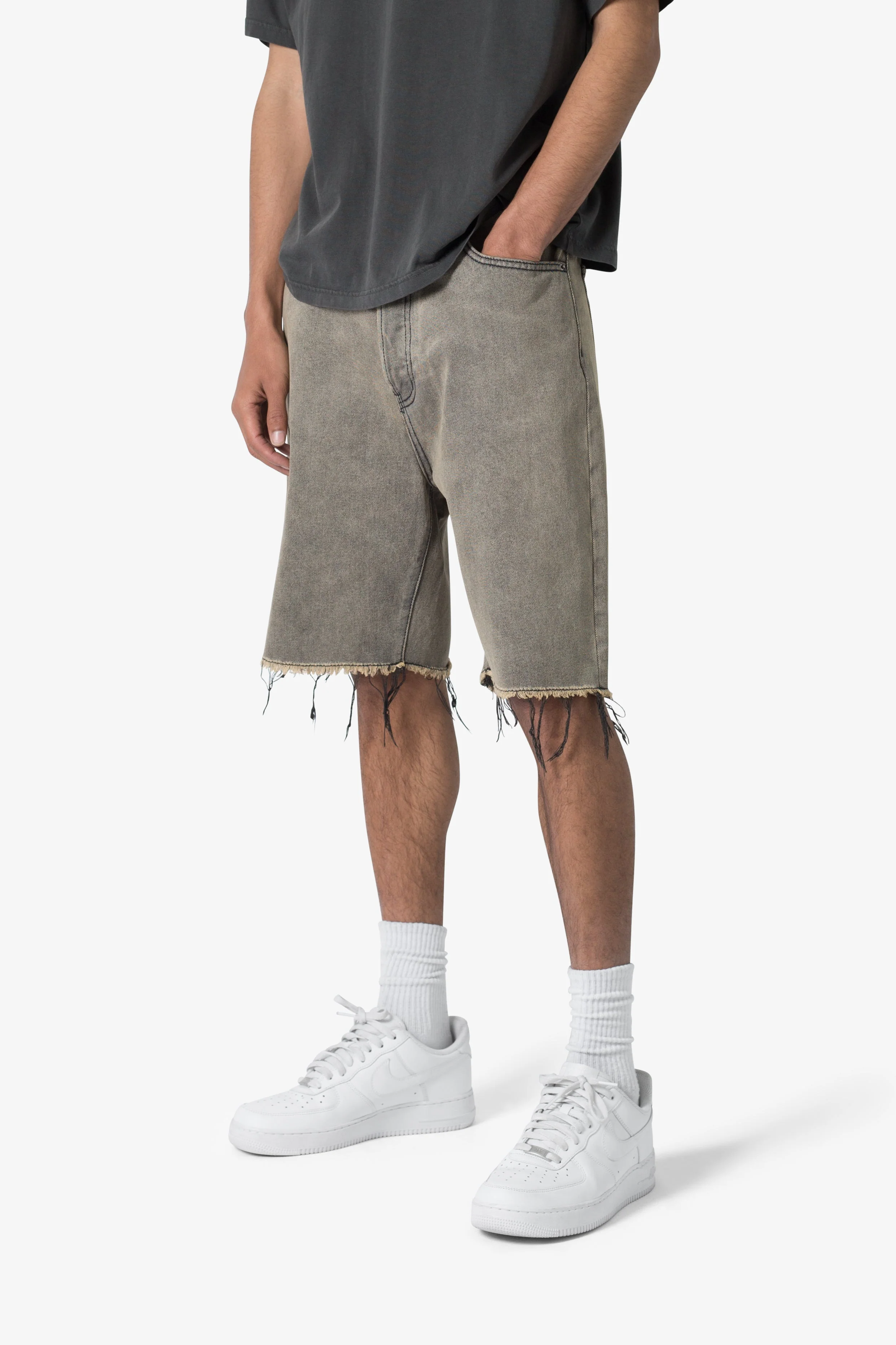 Distressed Mineral Denim Shorts - Brown