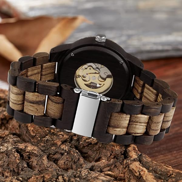 Men's Wooden Watch Triangle Skeleton Automatic Watch Mechanical Wood Watches for Men black&brown