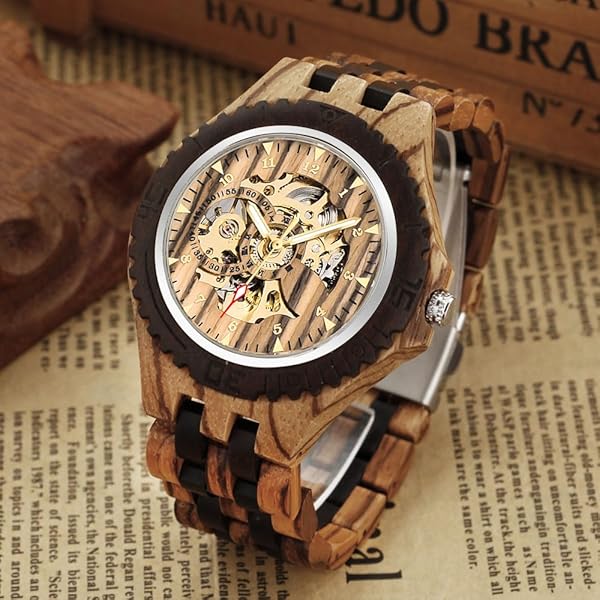 Men's Wooden Watch Triangle Skeleton Automatic Watch Mechanical Wood Watches for Men Tan&black