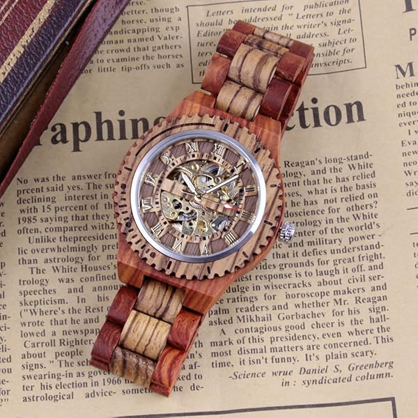 Men's Wooden Watch Triangle Skeleton Automatic Watch Mechanical Wood Watches for Men Red