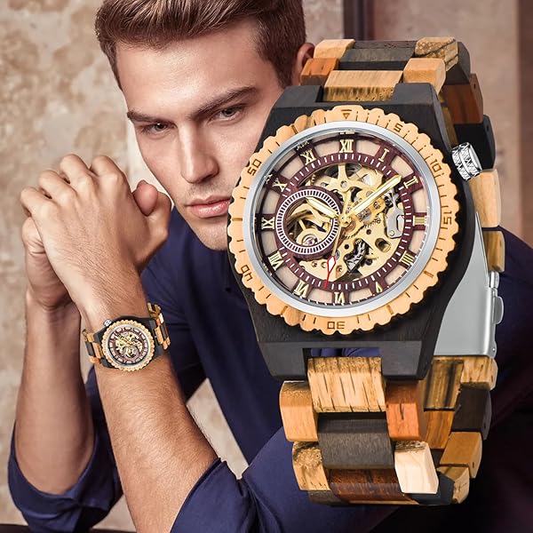 No Battery Fashion Mechanical Wooden Watch for Men, Mechanical Movement Wooden Strap Men's Watch for Father's Day, Birthday M809