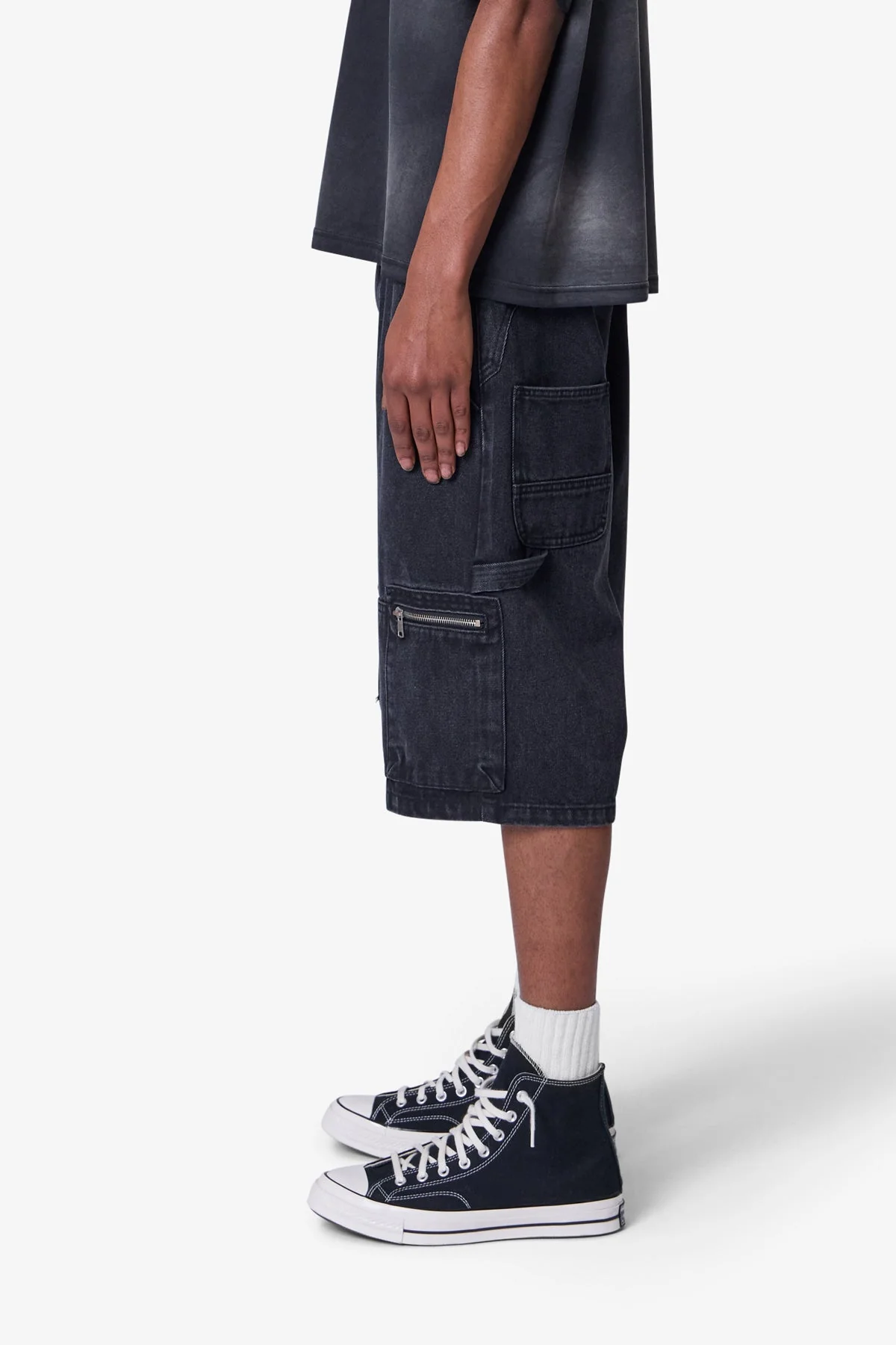 Baggy Zipper Denim Shorts - Black