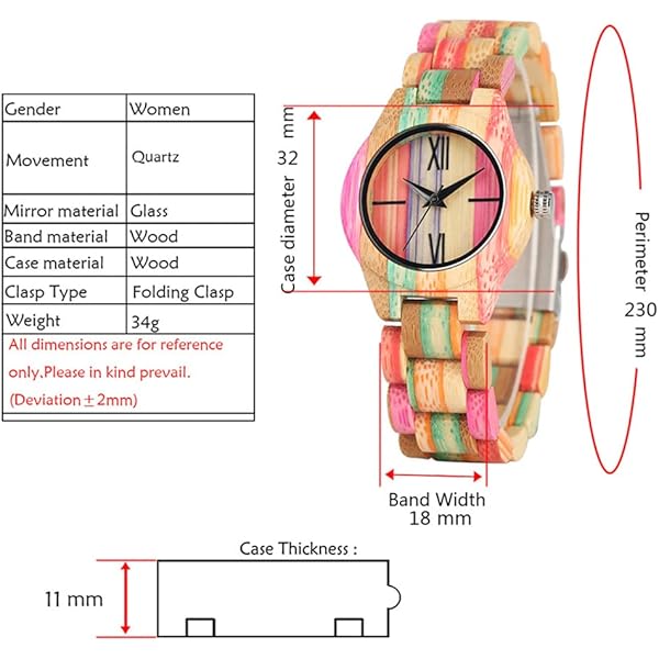 Womens Wooden Watch with All Wood Strap Analog Classic Design Colorful Bamboo Ladies Watches for Women, Couples Q1095-US