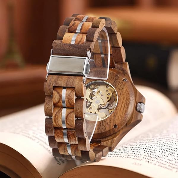 Men's Wooden Watch Triangle Skeleton Automatic Watch Mechanical Wood Watches for Men brown 2