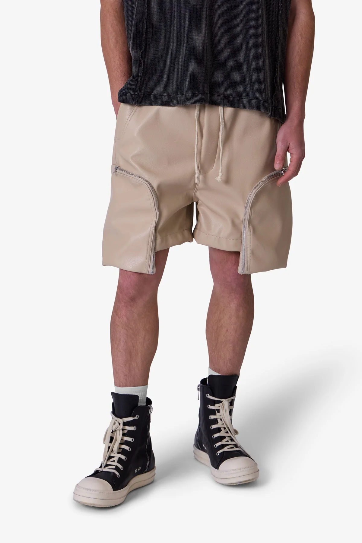 Leather Pocket Geo Shorts - Tan