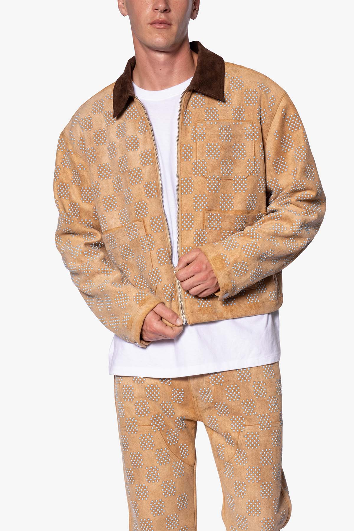 Turquoise Studded Checker Jacket - Tan