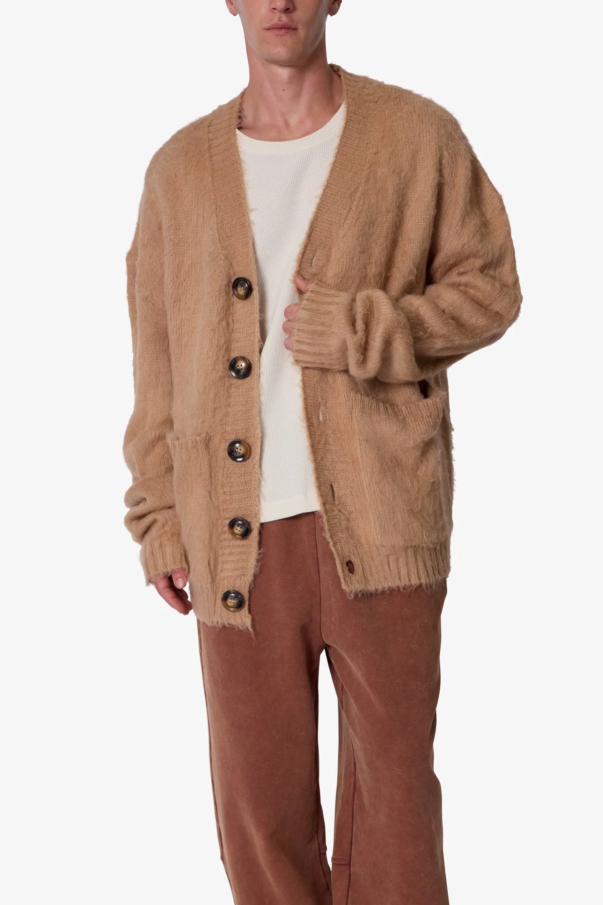 Elongated Fuzzy Cardigan Sweater - Brown