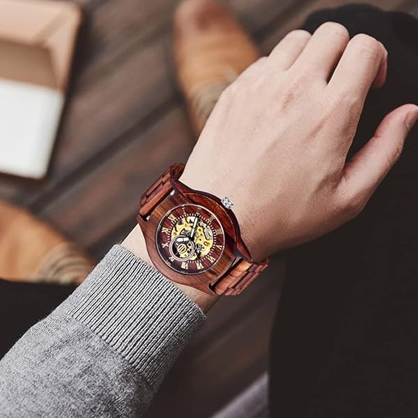 No Battery Fashion Mechanical Wooden Watch for Men, Mechanical Movement Wooden Strap Men's Watch for Father's Day, Birthday M803