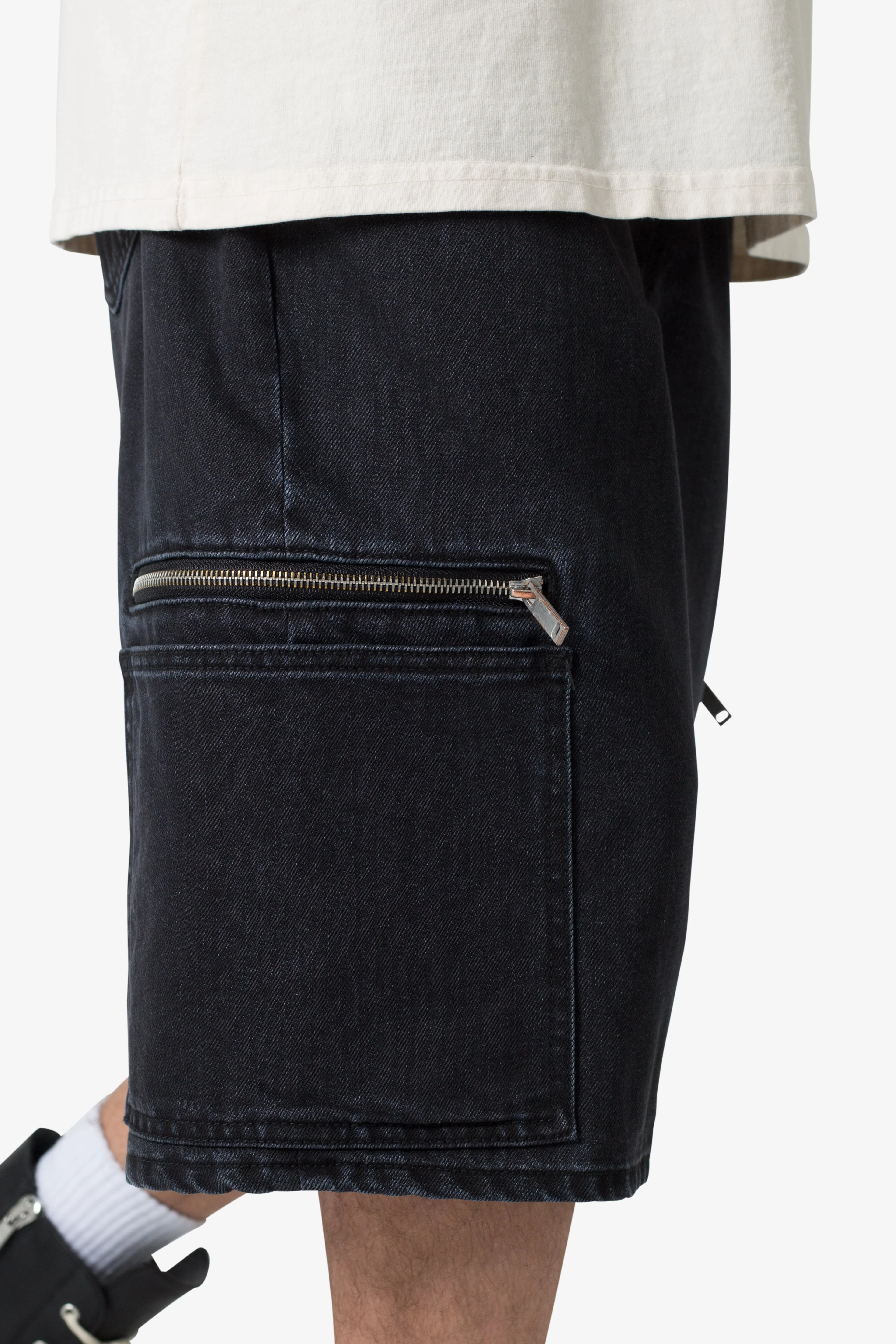 Zipper Baggy Denim Shorts - Black
